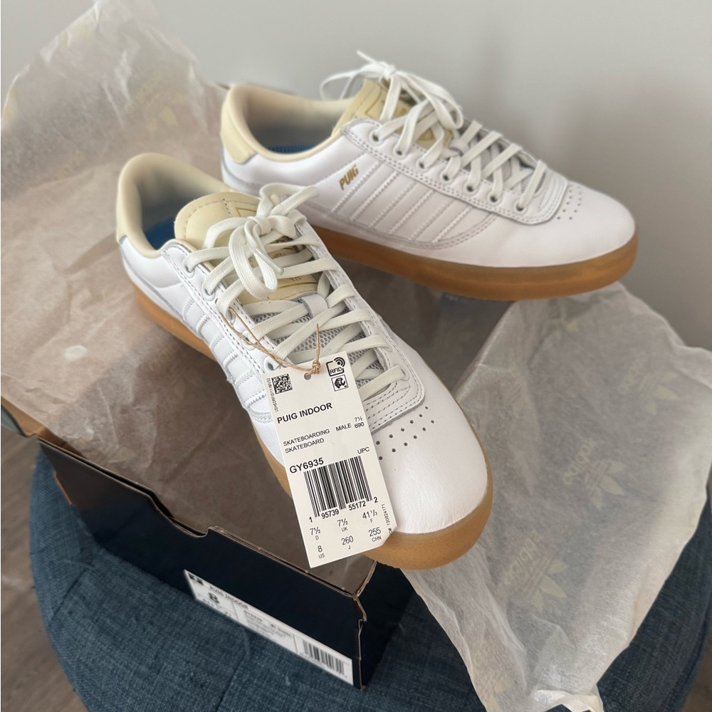 Adidas Puig Indoor White and Gum Sneakers. Brand New in Box with tags.